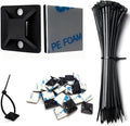Strong Back-Glue Self Adhesive Cable Zip Tie Mounts Kit - 100 Set Cable Management Clips with 6" Zip Ties, Wire Holders - Outdoor Sticky Wire Organizer Clips-Black