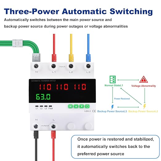 63A 110/120V Triple Power Automatic Transfer Switch,Automatic Switching Between Utility Power、Generator and Inverter,Overcurrent Protection,Overvoltage and undervoltage Protection