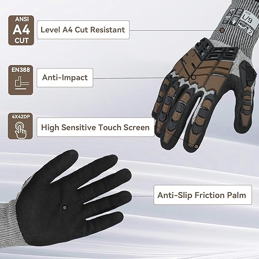 Safety Work Gloves, Impact Gloves for Men Women, Cut Resistant Non-Slip Heavy Duty Gloves with Nitrile Grip, Touch Screen Glove with Impact Protection for Mechanic Construction, X-Large, Brown