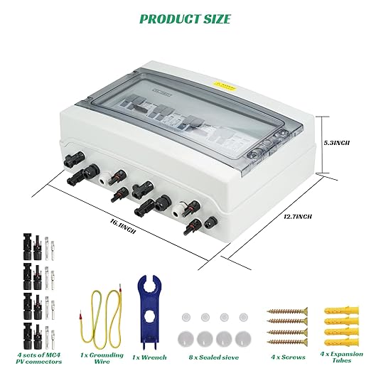 4 in 2 Out Solar Combiner Box,PV Combiner Box with 20A PV Fuse,DC 40A Circuit Breaker and Surge Protector,IP65 Solar Disconnect Switch Box for Indoor Outdoor Solar Panel System (4 in 2 Out 20A 500V)