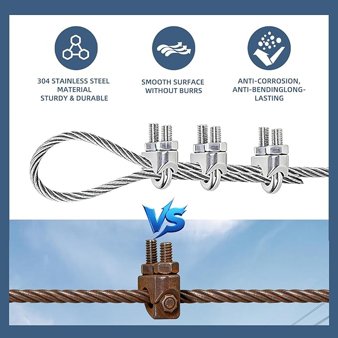 SSGP 8Psc Stainless Steel Wire Rope Cable Clamp Clips - Heavy-Duty Clamps for Cable Securing 8Psc 3/16" Wire Rope Thimble U Bolt Saddle Fastener (M5-3/16)