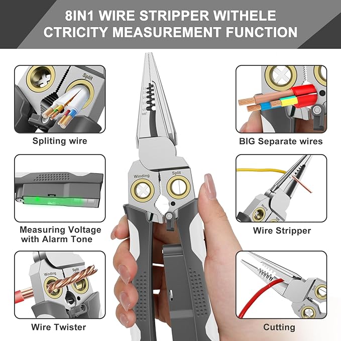 GADO Pro 8-in-1 Wire Stripper/Cutter with Voltage Tester & Dual Alarms - Heavy Duty 12-250V AC/DC Electrical Tester for Hot/Neutral Wires - Electrician, HVAC, Car Repair Tool (Gray)