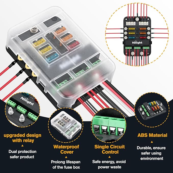 Nilight 6 Way Fuse Relay Block with Acc Control Negative Bus 12V Blade Holder ATC/ATO Box Label Stickers Waterproof Cover Panel for Automotive Cars Motorcycle RVs Vans