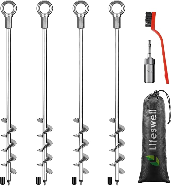 18" Heavy Duty Screw in Ground Anchors Kit, Spiral Windproof Earth Anchors for Trampoline, Shed, Swing Set & Mobile Home, Double-Sided Welded Spiral with Nut Driver Drill Bit (Set of 4)