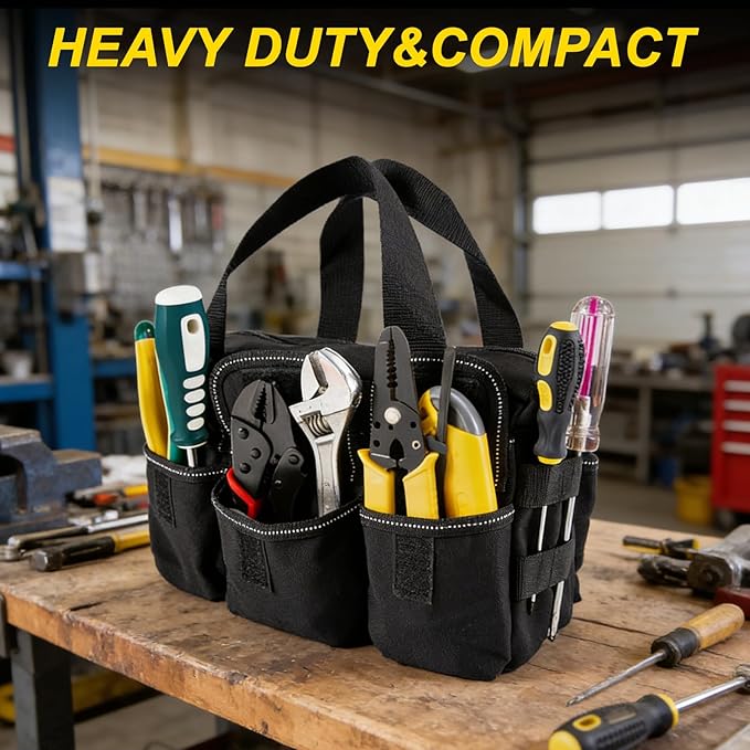 Small Tool Bag,Close Top Wide Mouth Tool Organizer Bag,Large Capacity Tool Bags for Men,Canvas Tool Storage Bag for Storage Handbag for Screwdrivers,Wrench,Pliers Hand Tools (Black-1, 12 Inch)