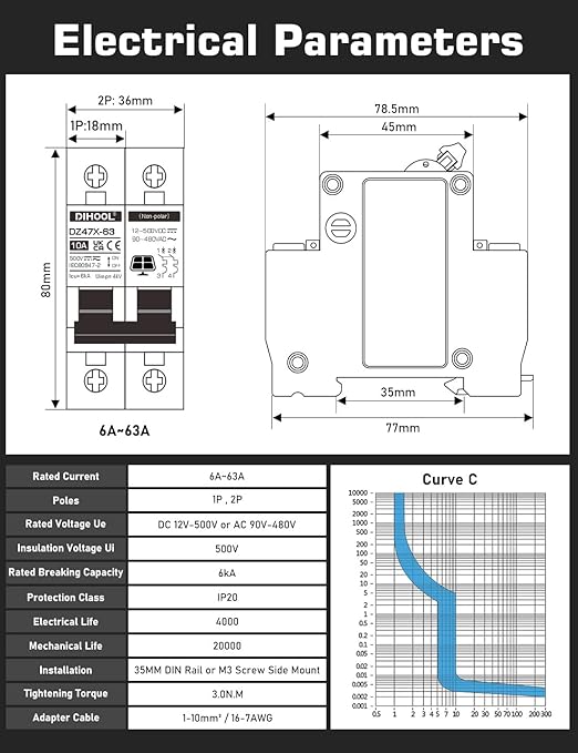DIHOOL Solar Disconnect Switch, 30 Amp 2 Pole, DIN Rail Mount, Non Polarized, 12V 24V 48V 400V, AC/DC Circuit Breaker, RV Battery Isolator, PV Array MCB, Thermal Magnetic Trip