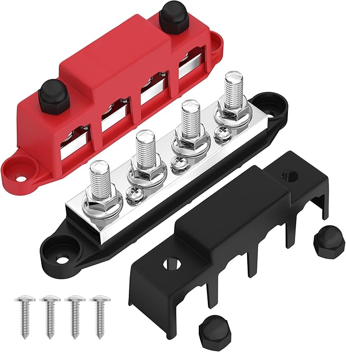 Joinfworld 400A Bus Bar 12V Power Distribution Block with 4 x 3/8" Studs 12 Volt Marine Copper Battery Busbar Terminal Block for Car, Boat, Automotive, RV, Solar Wiring - Negative&Positive