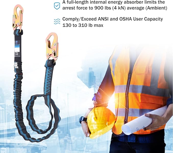 6 FT Safety Harness Lanyard with Double Heavy Duty Snap Hook, Single leg Abrasion Resistant Internal Shock Absorbing Fall Protection Lanyard, Construction Arborist Roofer, OSHA/ANSI Rated