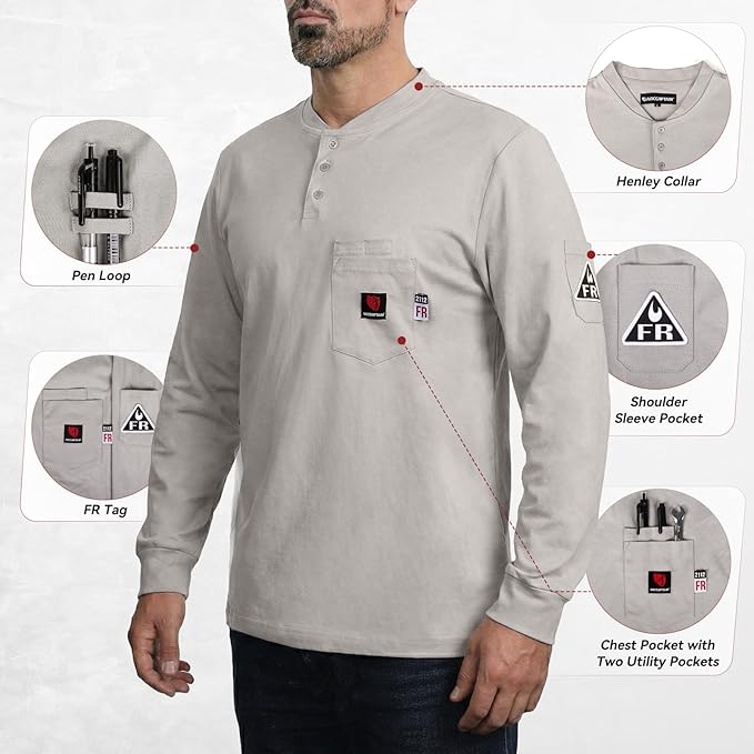 ARCCAPTAIN FR Shirts for Men 8oz 100% Cotton Fire Resistant Henley Shirt CAT2 NFPA2112 Welding Work Long Sleeve Clothing