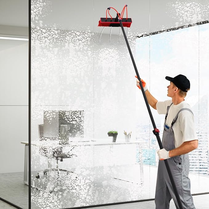 Window Cleaner Tool Washing Equipment Window Solar Panel Cleaning Brush and Pole Water Fed Pole Kit for House Roof Glass Car, 180° Adjustable Brush Head with 4 Water Outlets (29.53ft)
