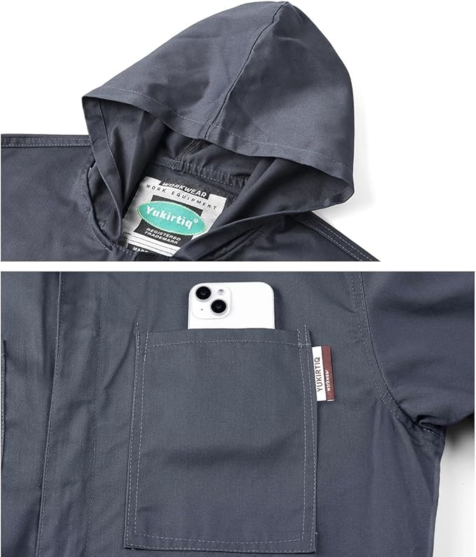 Men's Long Sleeve Zip-Front Coverall Lightweight Work Coveralls Mechanic Overall Jumpsuit with Hood