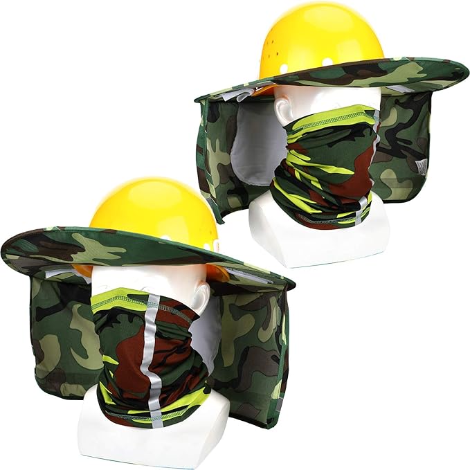 SATINIOR 2 Pcs Sun Hard Hat Neck Protection High Visibility Full Brim Mesh Sun Protection and Neck Gaiter Bandana Face Scarf for Construction Helmet Hard Hat Accessories, Reflective(Camouflage Green)