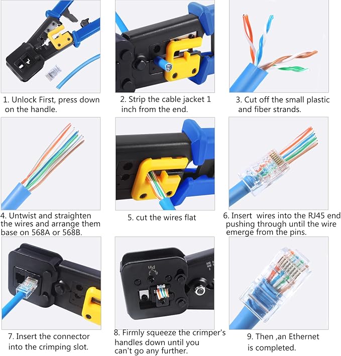 RJ45 Crimping Tool Ethernet Crimper for Cat6 Cat5 Cat5e RJ45 Pass Through Connectors and RJ12 Ends Comes with 20PCS RJ45 Cat6 Connectors and Replacement Blades
