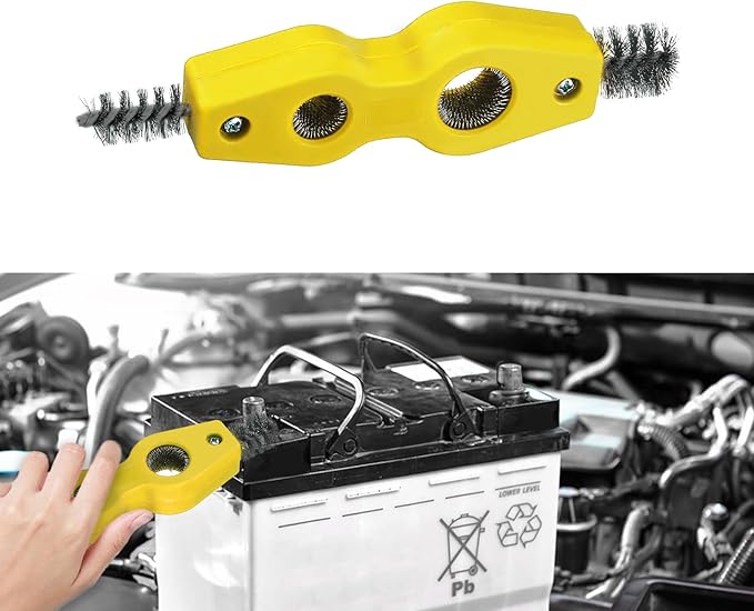 4 in 1 Car Battery Cleaning Brush, Battery Terminal Brush, Anti-Rust Auto Battery Cleaner with Steel Wire, Car Accessories Vehicle Machine Parts Cleaning Tools Fit for Auto Marine (Yellow)