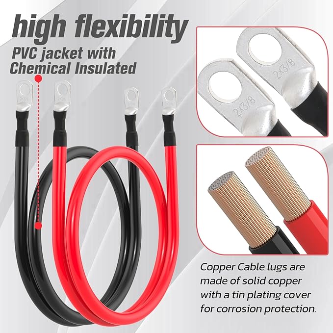 2 AWG Battery Cable 2AWG Gauge Battery Inverter Cables for Automotive Solar Marine Boat RV Car Motorcycle (2 AWG, 3FT, 3/8")