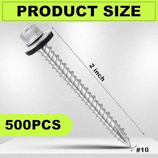 Tandefio 500 Pcs #10 x 2 Hex Head Metal Roofing Screws, Sharp Point, Galvanized, Roof Self Starting Tapping Siding Sheet with Rubber Washer Seal for Wood Panels Summer(Zinc)