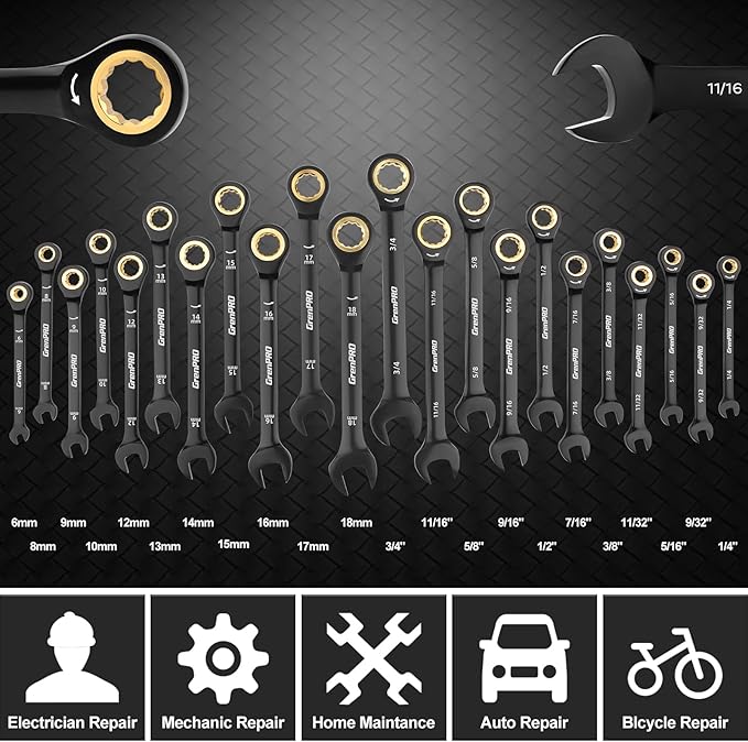 Ratcheting Wrenches Set, Combination Wrench Sets With Organizer Box, 23PC SAE & Metric And Standard, 1/4" to 3/4" & 6-18mm, Open End Wrench Set, Electrophoretic Coating Sock Mechanic Tools