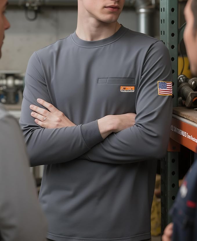 VATRENUS FR Shirt for Men Crewneck Midweight Utility Pocket Fire Resistant Long Sleeve Work Shirts NFPA2112 CAT2