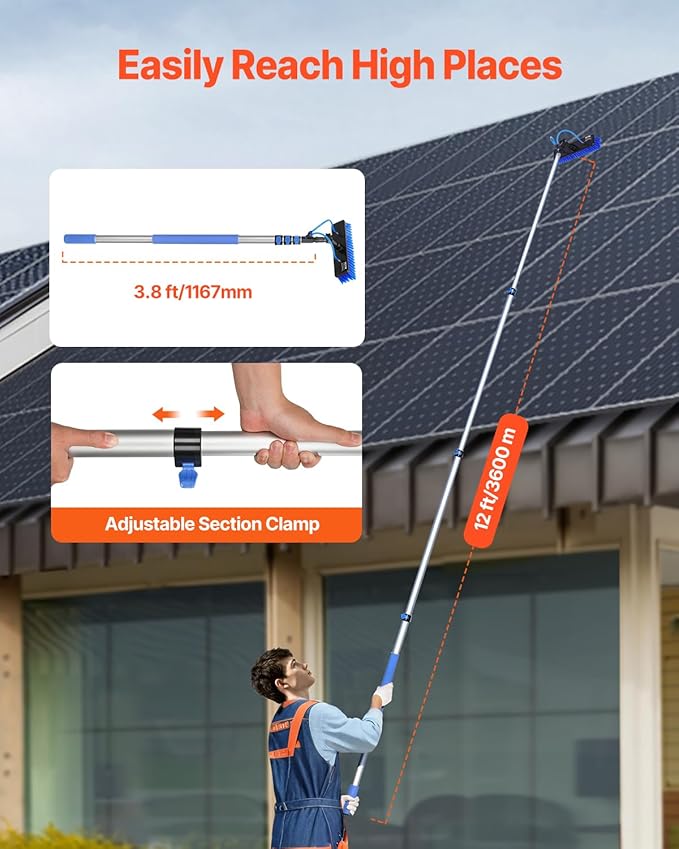 VEVOR Water Fed Pole Kit, 12FT Solar Panel Cleaning Pole with Extendable Handle, 180° Rotatable Brush Head & 65.6FT Hose, Household & Outdoor Window Cleaner Tool for Caravan Solar Panel Deck