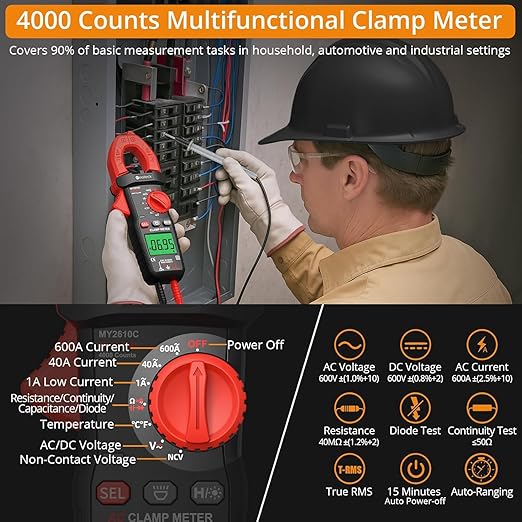 Neoteck Clamp Meter 4000 Counts Amp Meter for TRMS AC Current AC/DC Voltage 600A Auto Range Digital Multimeter with Capacitance Continuity Resistance NCV Diode Test for Car Electric Cabinet