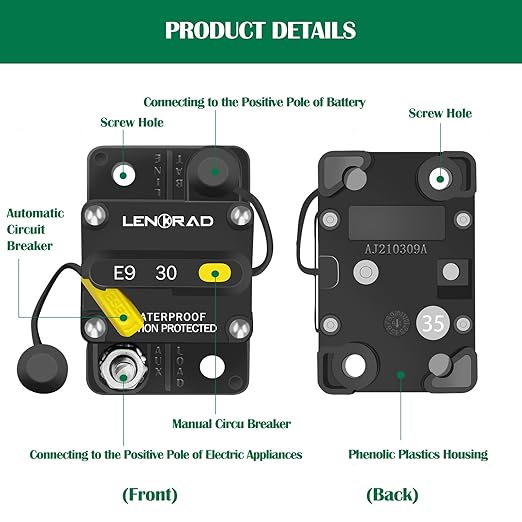 LENKRAD 30amp Marine Circuit Breaker Resettable 30A with Manual Reset Switch Button for Boat Trolling RV Yacht, 12V - 48V DC, Waterproof, Surface Mount(30 Amp Boat Circuit Breaker)