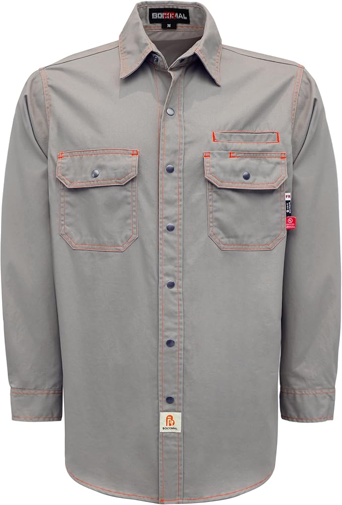 BOCOMAL FR Shirts for Men Snaps Down 7.5oz Water Repellent Fire Resistant Welding Jackets-NFPA2112 CAT2