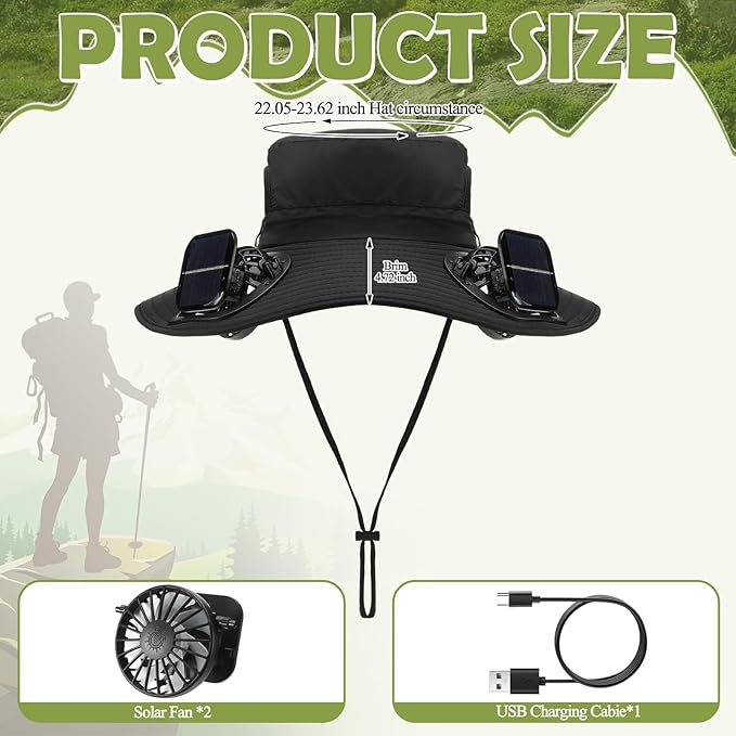 Berlune Men Sun Hat with 2 Solar Fans Wide Brim Outdoor Fishing Hat USB & Solar Powered for Sun Protection Camping Hiking