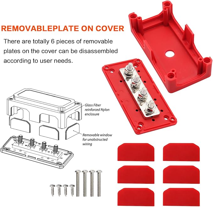 2pcs 300A Bus Bar Box Nickel Plated Brass Power Distribution Block with 4xM8 (5/16 inch) Positive Negative Ground Battery Junction Block Buss Bar with Cover DC12 24 48V（Red & Black）