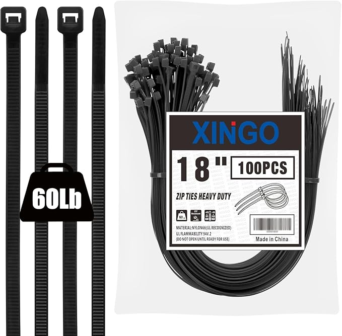 XINGO 18 inch Black Zip Ties Heavy Duty (100 Pack), Black, 60lb Tensile Strength, UV Resistant Cable Ties for indoor and outdoor use