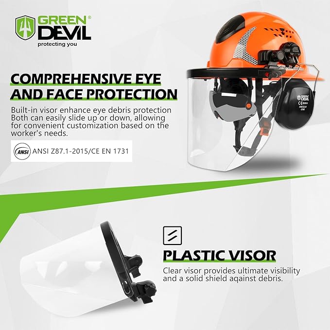 GREEN DEVIL Industrial Chainsaw Helmet with Face Shield Built in Visor and Ear Muffs 4 in 1 System ANSI Z89.1 Safety Hard Hat Adjustable Headgear Ideal for Forestry and Arborist Work Full Brim Style