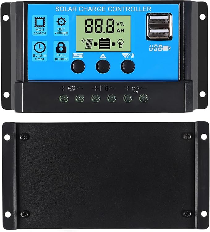 2pcs 30A Solar Charge Controller 12V/ 24V Solar Panel Charge Controller Intelligent Regulator with 5V Dual USB Port Display Adjustable Parameter LCD Display and Timer Setting ON/Off Hours
