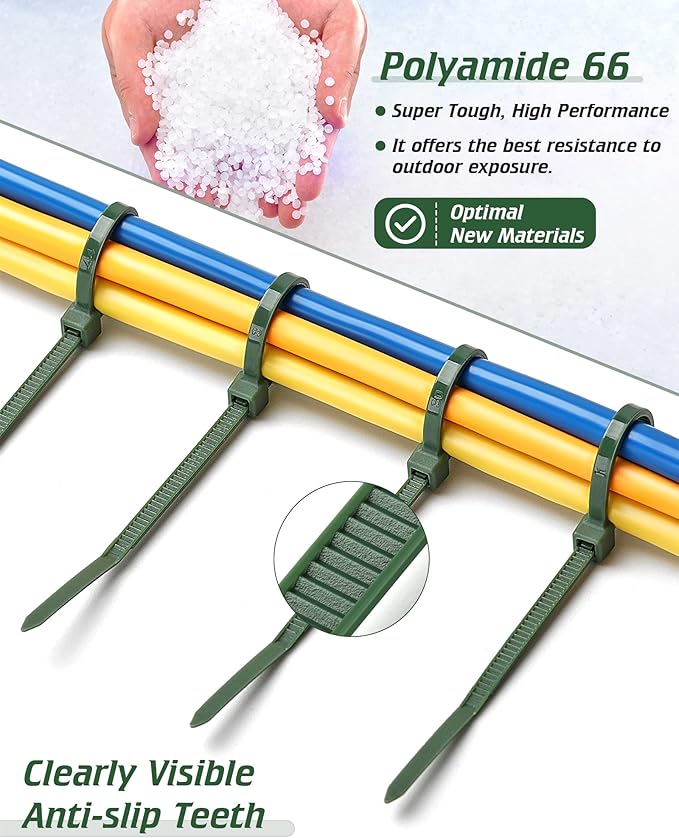PA66 Green Zip Ties, 300pcs 12+10+8+4 Inch Heavy Duty Cable Zip Ties, Premium Self-locking Nylon Cable Plastic Ties Decoration Tie Wraps for Christmas Tree Gardening Plants Fence Grid Wall, Green