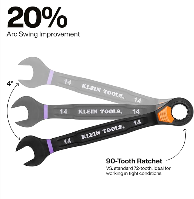 KLEIN TOOLS 69508M Metric Ratcheting Combination Wrench Set, 8-Piece, Slide-Lock 90-Tooth Ratchet, I-Beam Handle, Color-Coded Size Markings, Roll Pouch Storage