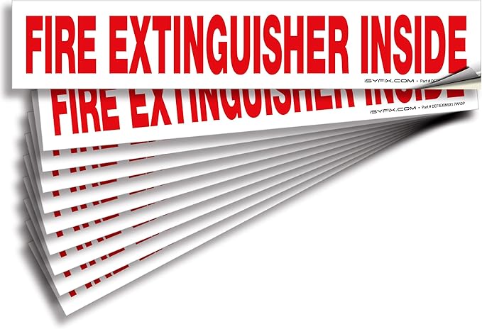 iSYFIX Fire Extinguisher Inside Signs Stickers for Vehicles – 10 Pack 9x1.7 Inch – Self-Adhesive Vinyl Decals, Laminated for UV, Weather, Scratch, Fade Resistance, for Cars, Trailers, Rv's and Trucks