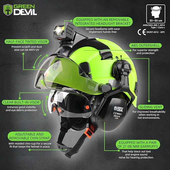GREEN DEVIL Hard Hat Safety Helmet with Rechargeable Headlamp Light and Visor Ear Muffs Vented Work Hardhat ANSI Z89.1 Cascos De Construccion for Industrial Construction Forestry