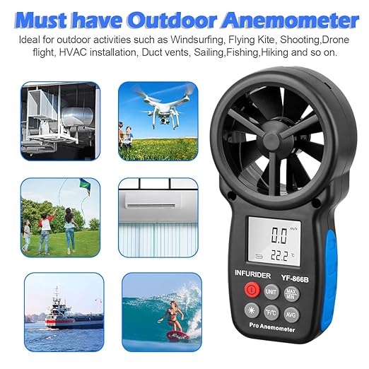 Anemometer Handheld, INFURIDER CFM Meter, Digital Wind Speed Meter, HVAC Air Flow Meter with Temperature and Wind Chill, Anemometer with Backlight and Max/Min