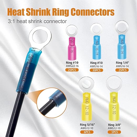 mankk 180PCS Copper Wire Lugs with Tool AWG 2 4 6 8 10 12 14 16 Gauge Battery Terminal Connectors Battery Cable Ends Connectors Copper Ring Terminal Kit with Heat Shrink