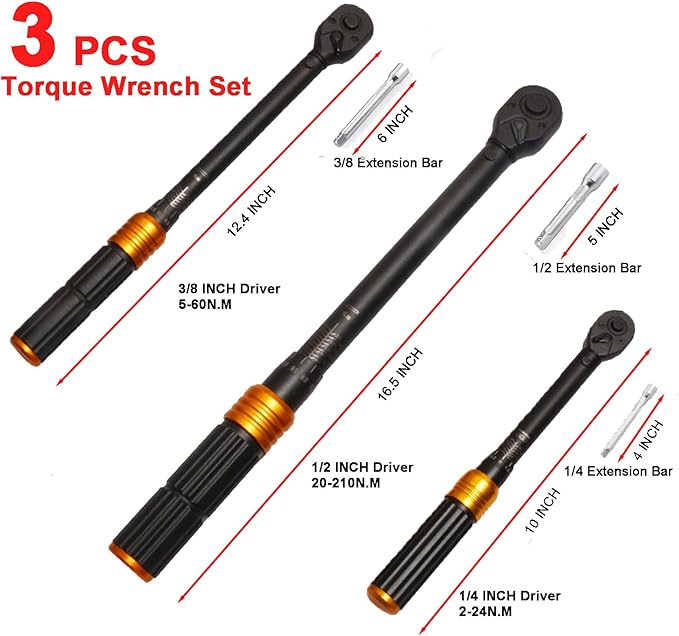 COTOUXKER Torque Wrench, 1/4 3/8 1/2-inch Drive Click Torque Wrench Set for Bike, Motorcycle, Car Repair Maintenance