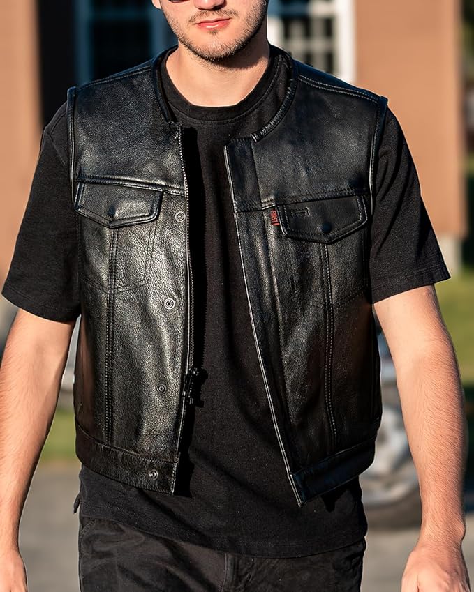 First Mfg Co - Lowside - Mens Motorcycle Biker Riding Canvas, Leather, Twill, Perforated Leather Vest