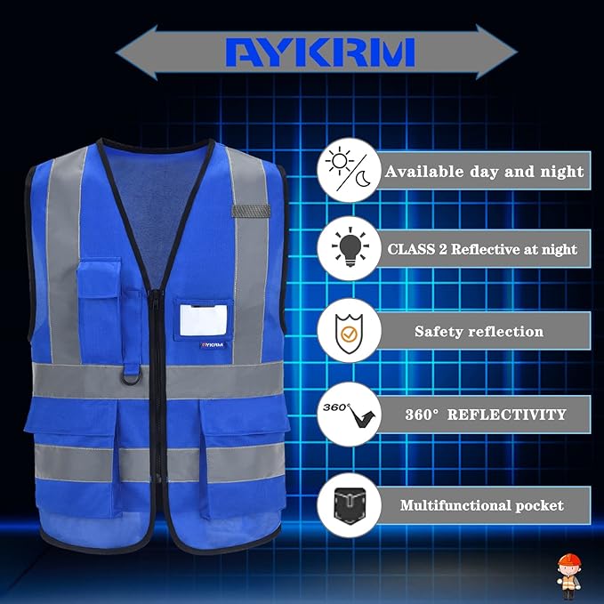 A-SAFETY Big and tall Blue high vis Reflective Work Ves 7 Pockets,4XL-5XL