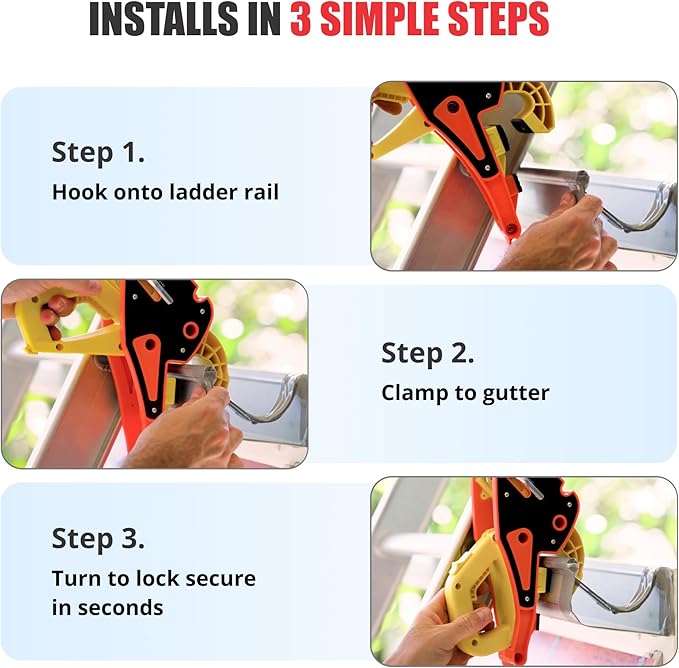 Lock Jaw Roof Ladder Stabilizer Hook for Gutter - Standoff in 5 Seconds with Slide-Lock Security - Prevent Aluminum Ladders Top Movement & Falls - Award-Winning Extension Ladder Accessories for Roof