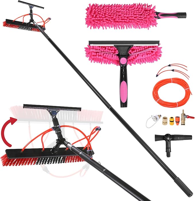 Water Fed Pole Brush Kit with Lightweight Pole Extendable Solar Panel Washing Tool with 180° Rotating Brushhead for Solar Panel Roof Car