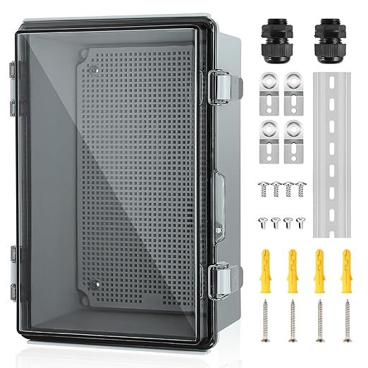 Waterproof Electrical Junction Box, IP67 ABS Plastic Junction Box Enclosure with Aluminum DIN Rail, Mounting Plate, Wall Brackets for WiFi Electronics Project, Clear (11.4"×7.5"×5.5")