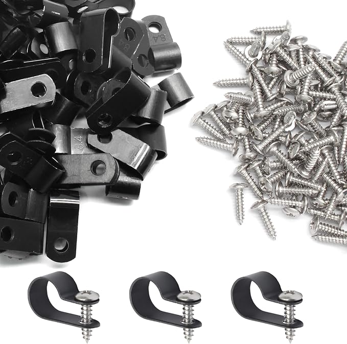 50 Pcs 1/2 Inch Black Nylon Screw Mounting R-type Cable Clip Wire Clamp, 13.2mm Cable Clip Wire Clamp for Wire Management, Stainless Steel Screws Included
