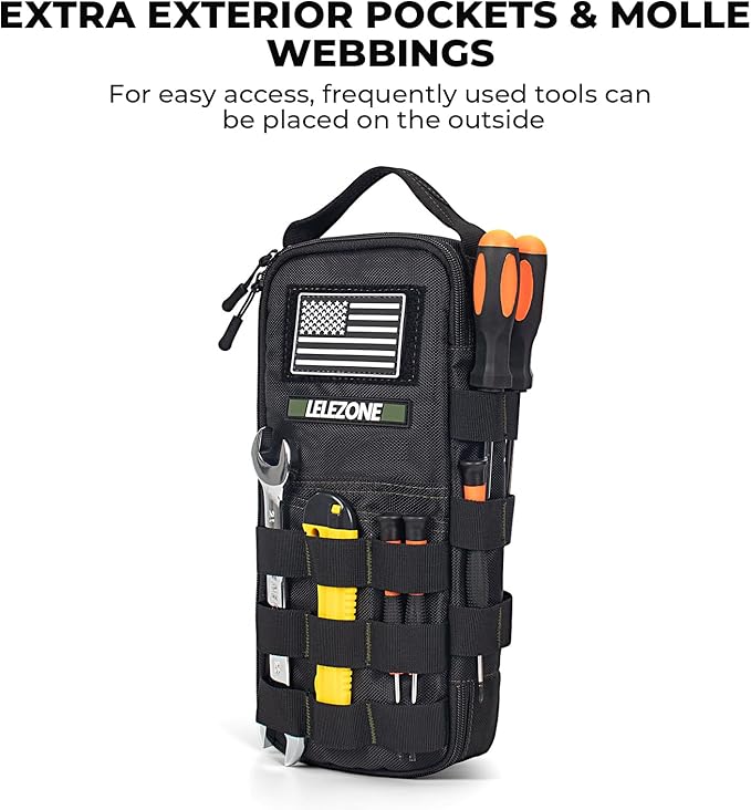 Portable Small Tool Bag, Organizer Storage Box for EDC, Motorcycle, Road Bike, Electricians and More with US Flag Patch and Heavy Duty Grab Handle, Multi-Purpose Utility Work Organizer Bag