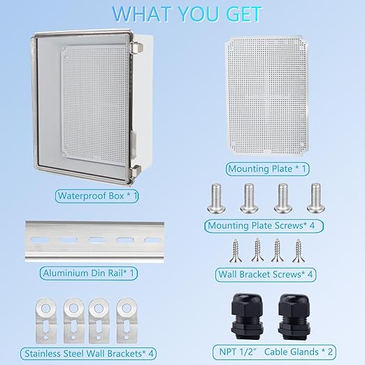 IP67 Waterproof Junction Box, ABS Plastic Electrical Enclosure with Stainless Steel Latch, Hinged Cover Electric Box with Mounting Plate, Wall Brackets & Cable Glands 350x250x150mm