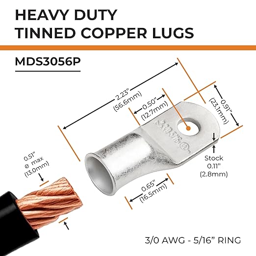 SELTERM 2pcs 3/0 AWG 5/16" Stud Tinned Copper Wire Lugs, Battery Lugs, Ring Terminals, Battery Cable Ends, 000 Gauge Ring Terminal Connectors, UL Marine Grade Electrical Battery Terminal Connectors