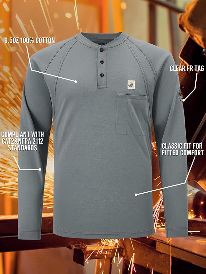 FR Shirts for Men Light Weight Flame Resistant Henley Shirts Long Sleeve Shirts HRC2/CAT2 6.5oz 100% Cotton