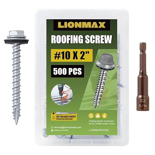 LIONMAX 500-PCS Metal Roofing Screws #10 × 2 Inch, Rustproof Coating Hex Head Sheet Metal to Wood Siding Screw with Rubber Washer, Sharp Point, Hex Socket Included