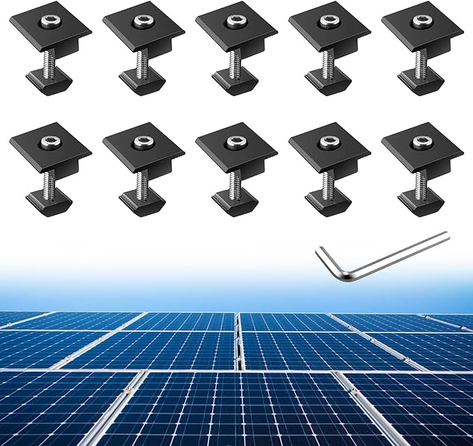 Anbte 10pcs Solar Panels Centre Clamps, Aluminium T-Shaped Mid Clamps 30mm/35mm Solar Panel Mounting Brackets Solar Mounting Rail Connector for Metal Roof, Tin Roof, Flat Roof, Sheet Roof, Black